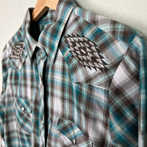 Roper Women's Large Plaid Print Embroidered Pearl Snap Western Shirt Long Sleeve - Picture 5 of 9